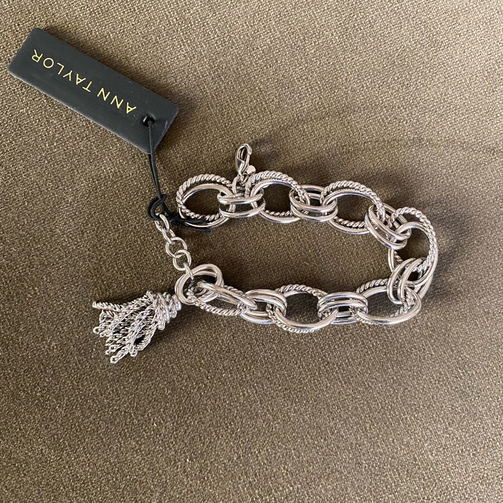 Ann Taylor Silver-Tone Rope Link Bracelet with Tassel Charm